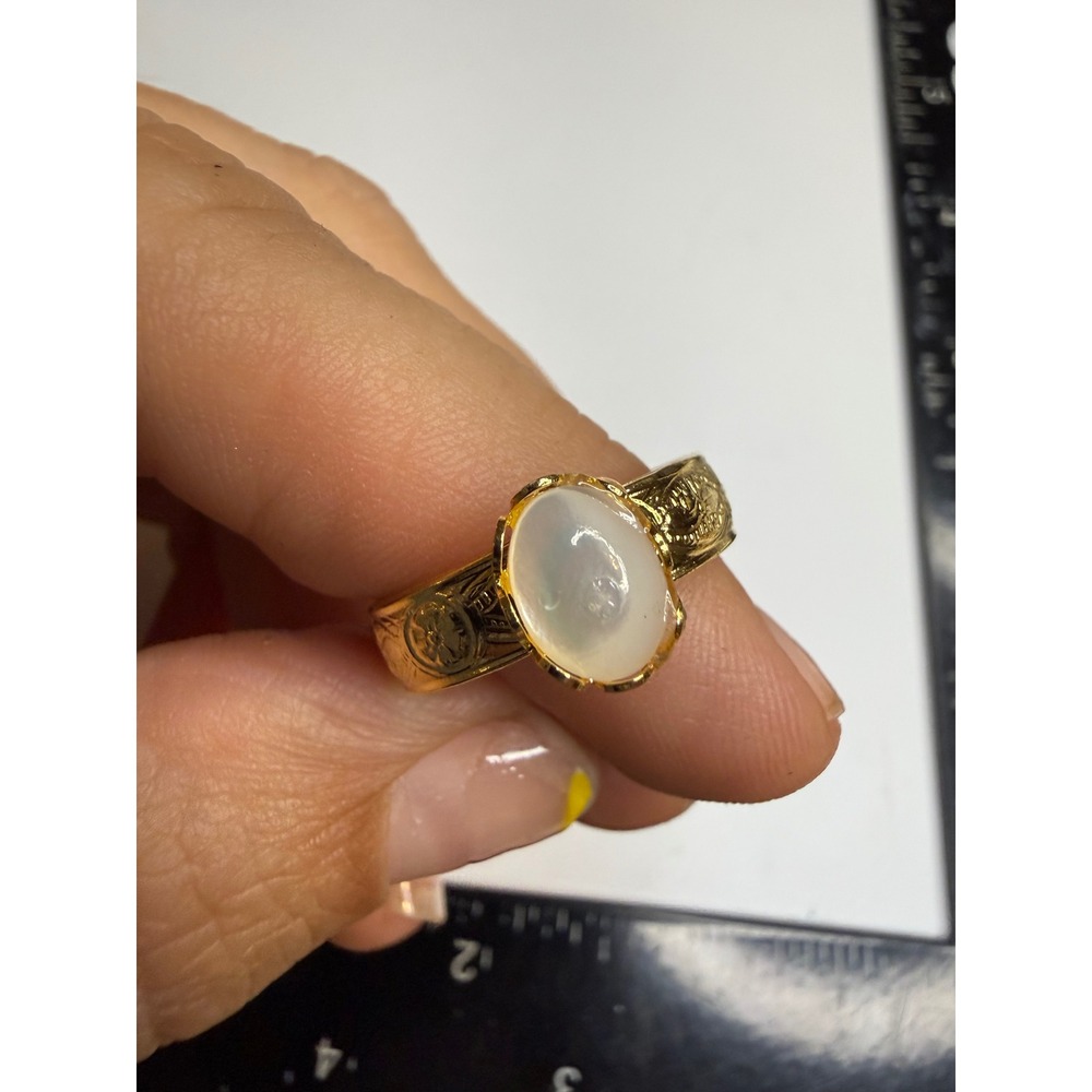 Gold Tone Adjustable Faux Moonstone Cabochon Ornate Embossed Band Ring